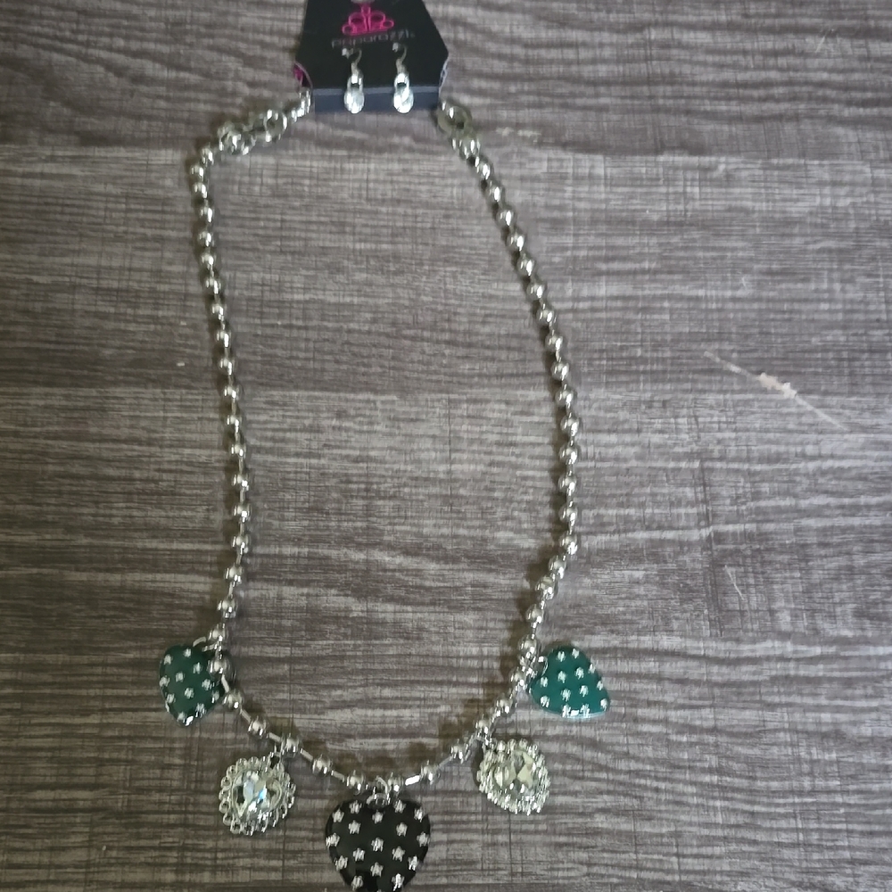 Paparazzi Silver Necklace with Green and Black Heart Charms